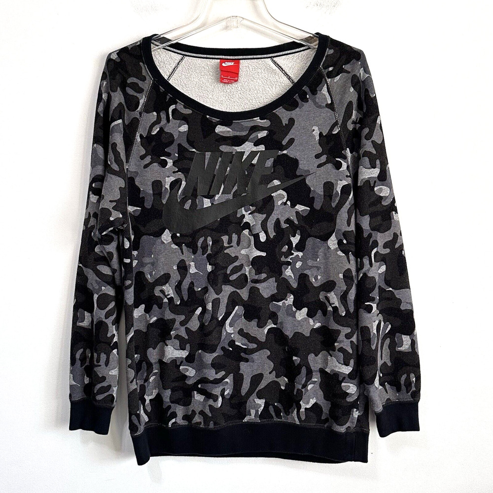 Nike Rally Womens Camo Sweatshirt S‎ Gray Long Sleeve Relax Cozy Lounge Top Gym
